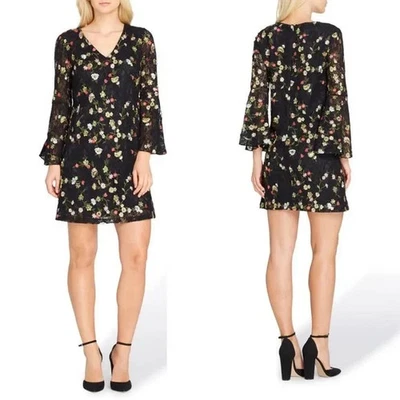 Tahari Arthur S Levine Black Lace Floral Embroidered Dress Sz 10P Bell Sleeves - Image 1 of 4