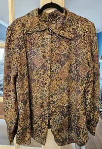 Vintage Women's Classy Long Sleeve Collared Floral Blouse Shoulder Pads Size 14 - Picture 1 of 4