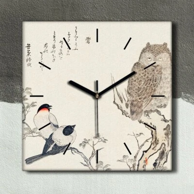 Horloge murale sur toile 30x30 Branche Animaux Oiseaux Chouette Utamaro Kitagawa - Photo 1/4