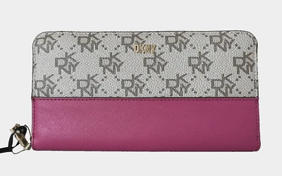 Nueva Cartera Continental DKNY Bryant Grande con Cremallera Alrededor Caqui/Rosa Neón en Caja Foto 1 de 4