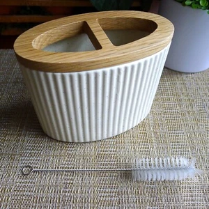 Holder for Makeup Brushes, Pencil Pen Toothbrush Organizer NIB NEW Ceramic Wood - Picture 1 of 4