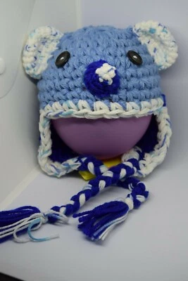 Cappellino orsetto azzurro bianco neonato  berretto bambino uncinetto lana baby - Immagine 1 di 4