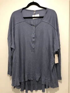 NWT FREE PEOPLE SzXS BENEDICT CANYON OVERSIZED HENLEY TOP CADET BLUE - Picture 1 of 5