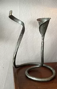 Hand Forged Blacksmith Black Iron Taper Candle Holder. Organic Fluid Shape 9” - Picture 1 of 12