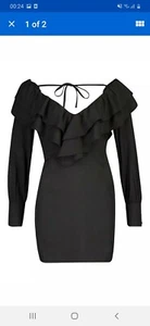 Boohoo Black Petite Deep Plunge Frill Mini Dress New Size 4 - Picture 1 of 4