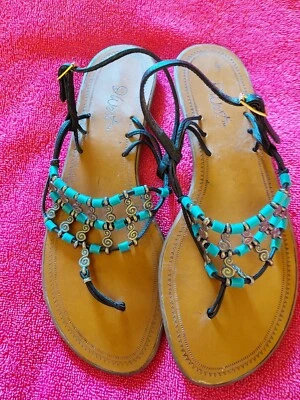 9 West ladies sandals 7.5, black & silver with turquoise beads, flat gently used - Image 1 of 3