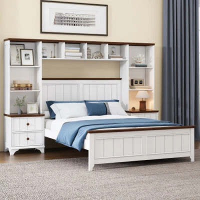 Solid Pine Wood Platform Bed with All-in-One 2 Nightstand Bookcase Storage Shelf - Image 1 of 4