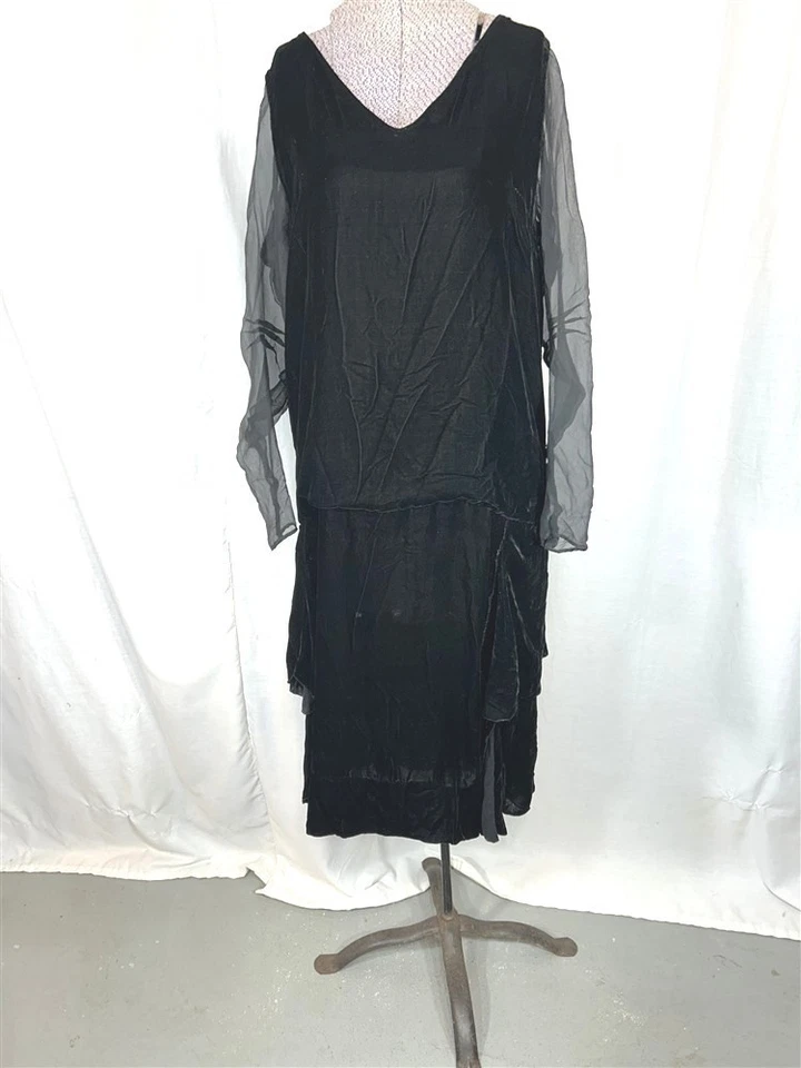 vestido antiguo aleta 1920 busto 38 terciopelo negro con gasa cintura caída original Foto 1 de 4
