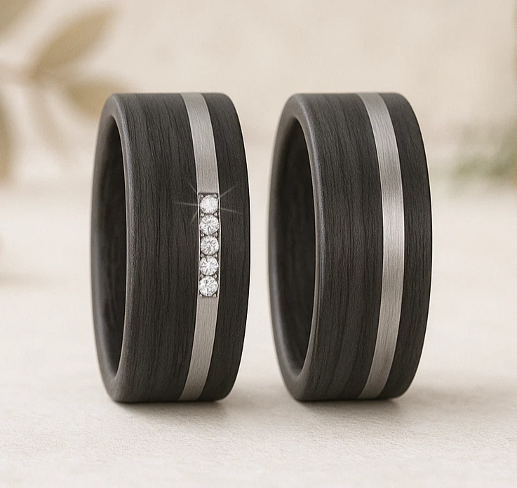Paar Trauringe Eheringe Verlobungsringe Carbon Titanringe Partnerringe + Gravur - Bild 1 von 4