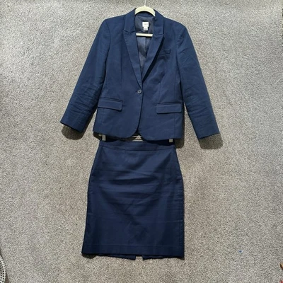 J Crew Skirt Suit Women 6 Blue Cotton Blazer Pencil Skirt Set Office Career - Image 1 of 4