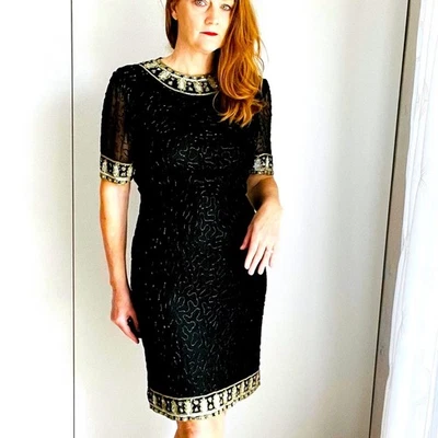 复古 80 年代 Lawrence Kazar 真丝串珠正装黑色领带装饰 — 第 1/4 张图片