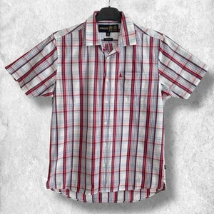 MUSTO Shirt Mens M Red White Check Plaid Custom Fit Cotton Short Sleeve Casual - Picture 1 of 6