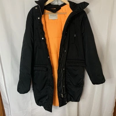 American Eagle Womens Black Winter Coat Size Small Hooded Orange Lining - Image 1 of 4