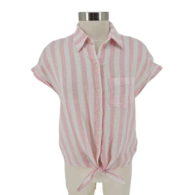 Old Navy Shirt Linen Pink Stripe Short Sleeve Button Up Collared Tie Knot Small - Image 1 of 4