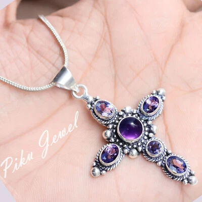 Amethyst & Faceted Amethyst Gemstone 925 Sterling Silver Holy Cross Gift Jewelry - Image 1 of 4