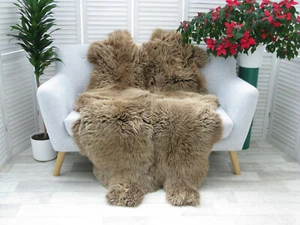 BEIGE BROWN QUAD SHEEPSKIN RUG BRITISH HERDWICK LAMBSKIN SOFA THROW SHAGGY Q81 - Picture 1 of 17
