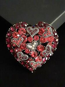 Heart Brooch Large Red White Crystal Rhinestone Gold Tone Heart Shaped Love Pin