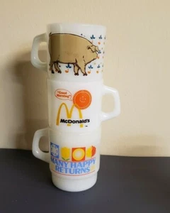 3 VINTAGE FIRE KING ANCHOR HOCKING STACKABLE ADVERTISING MUGS RARE - Picture 1 of 5