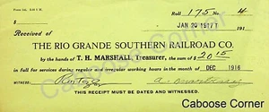 RGS Rio Grande Southern Formulario 141 Recibo por servicios 20 de enero de 1917 - Imagen 1 de 2