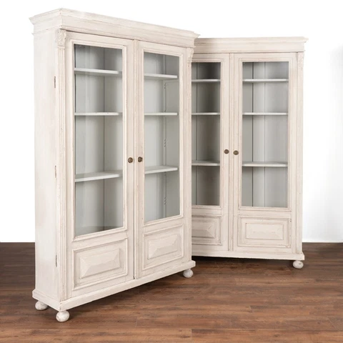 Pair of Antique Bookcases Display Cabinets Painted Light Gray Cover