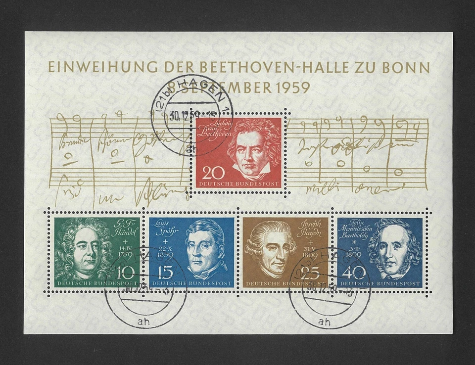 Germany West 1959 Beethoven Hall Mini Sheet Scott 804 CTO(Hagen 30.12.59) 28-10 - Image 1 of 1