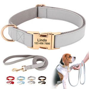 Nylon & Leather Pet Dog Collar and Lead Custom Personalised Name ID Tag Engraved - Picture 1 of 16