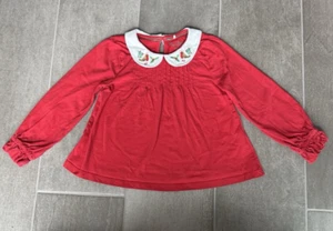 Mini Boden Girl's Red Embroidered Bird Blouse Christmas Top Peter Pan Collar 4-5 - Picture 1 of 8