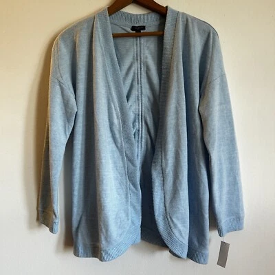 Cárdigan suéter Talbots Petite para mujer frente abierto medio azul recogido trasero Foto 1 de 4