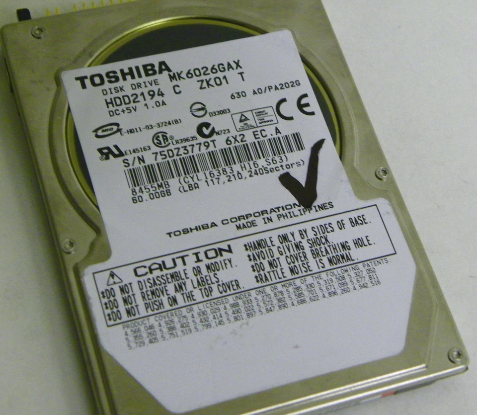 60GB Toshiba MK6026GAX Laptop IDE Hard Drive HDD2194 C ZK01 T - Image 1 of 1