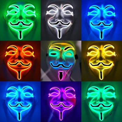 Vendetta Guy Fawkes LED Mask Light Up Hacker Cosplay Party Rave EDC Halloween US - Image 1 of 3