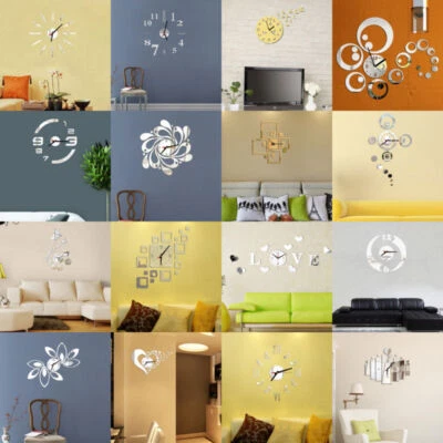 Large 3D Modern Frameless Wall Clock Style Watches Hours Room Home Analogue DIY - Image 1 of 2