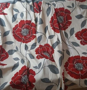 Pair Curtains W44 D54 Red Poppy Grey Lined Cotton Eyelets - Picture 1 of 6