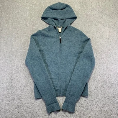 Винтажный старый темно-синий 100% ягнят шерсти толстовка с капюшоном женщин M синий молнии свитер вязаный Y2k - Изображение 1 из 4