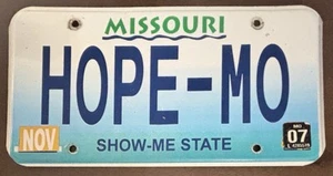Missouri VANITY License Plate HOPE MISSOURI (HOPE-MO) - Picture 1 of 1