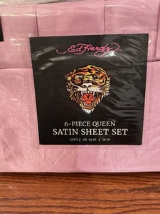 Juego de sábanas Ed Hardy 6 piezas rosa reina seda satinada nuevo con etiquetas - Imagen 1 de 4