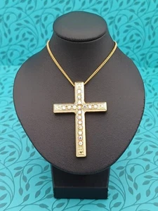 VGC Stunning Modern Gold Tone & Crystal Detailed Cross Pendant Necklace - Picture 1 of 14