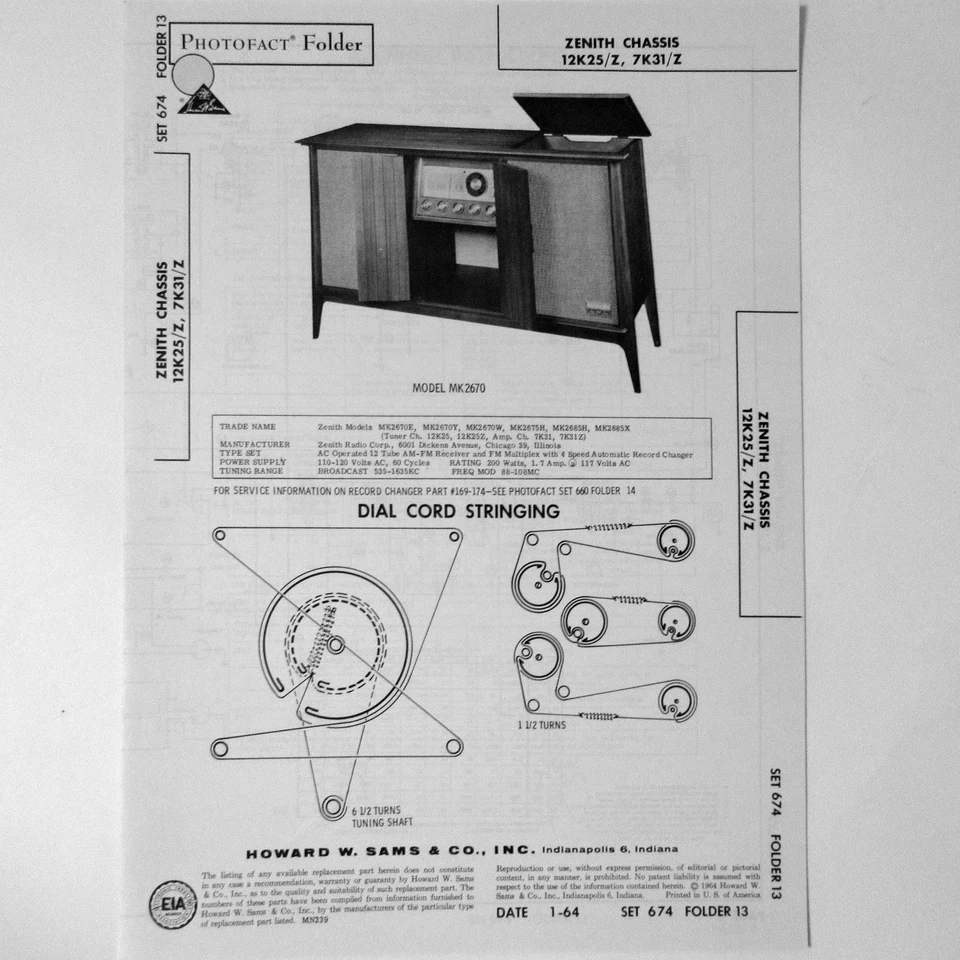 Zenith Models 12K25 12K25Z 7K31 7K31Z Stereo Console SAMS Photofact ™ 1964 New - Image 1 of 1