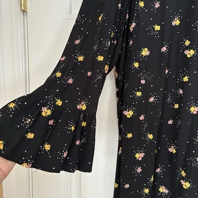 Vestido recto antiguo azul marino XXL alto para mujer negro estampado floral mangas campana 3/4 boho Foto 1 de 4