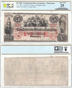 1861 $5 Confederate Note T-31 PCGS VF-25 - Picture 1 of 3