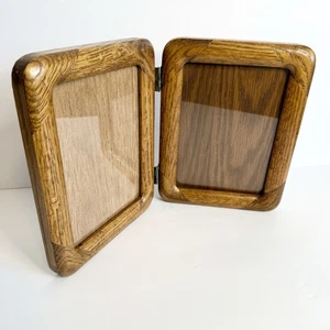 Mid Century Modern Oak Wood Double 5" x 7" Picture Frames MCM Vintage - Picture 1 of 6