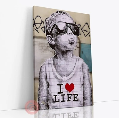 BANKSY I LOVE LIFE BOY GRAFFITI ARTE CALLEJERO LIENZO IMAGEN IMPRESIÓN ENMARCADA PROFUNDA Foto 1 de 4