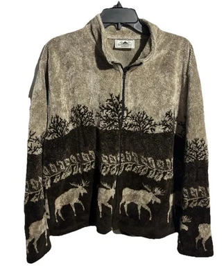 Vintage 90s Black Diamond Sz XL High Pile Fleece Zip Jacket AOP Moose Trees - Image 1 of 4
