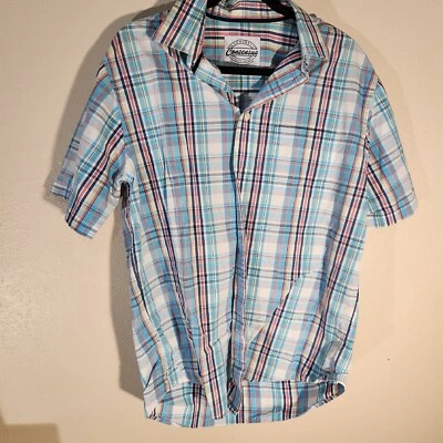 Authentic Consensus Men's Shirt Med Turquoise White Plaid short sleeve - Image 1 of 4