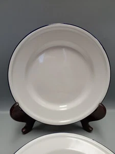Bumper Harvest Enamelware (2) White w/ Cobalt Blue Rims Dinner Plates 9.5"  - Picture 1 of 6