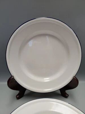 Bumper Harvest Enamelware (2) White w/ Cobalt Blue Rims Dinner Plates 9.5"  - Image 1 of 4