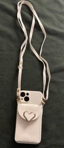 New Ivory IPHONE 14 Phone Case Purse Crossbody Strap Attached Pocket Gold Heart - Photo 1 sur 3