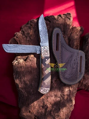 Handmade Trapper knife in Damascus Steel, Pocket knife with Razor sharp edge - Image 1 of 4