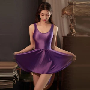 Women Sexy Glossy Oil Dresses Sleeveless One Piece Sport Yoga Tights Short Skirt - Picture 1 of 31