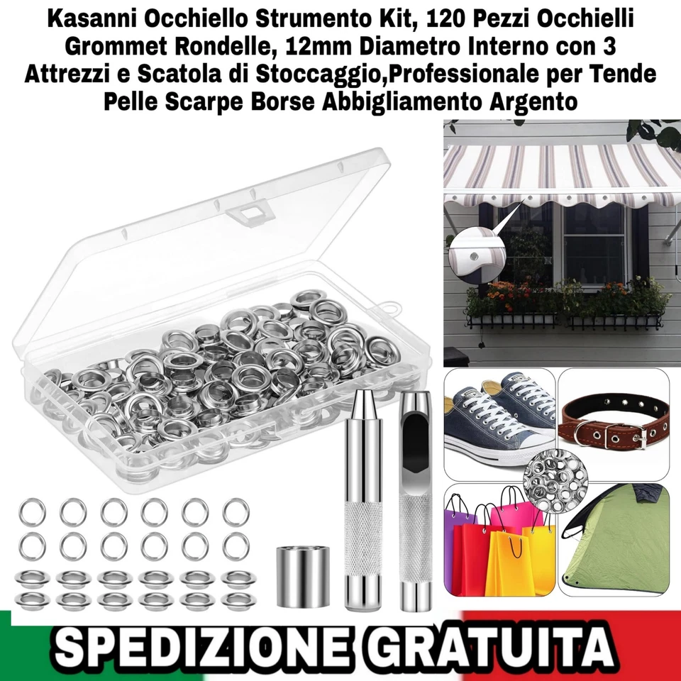 Occhiello Strumento Kit, 120 Pezzi Occhielli Grommet Rondelle, 12Mm Diametro  - Immagine 1 di 4