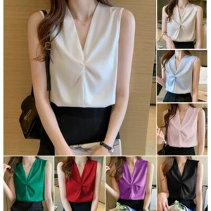 Donna Raso Chiffon Camicia Scollo A V Camicetta senza Maniche Canotta Pieghe Top - Foto 1 di 19